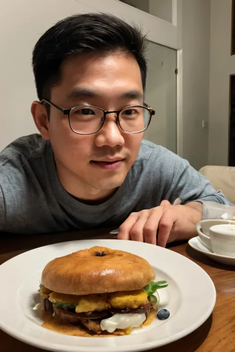 Andrew thomas huang, oval face, eyeglasses, breakfast, dining room