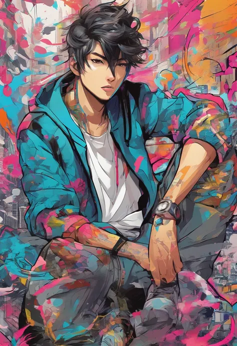 japanese male, teen, cyberpunk style, colorful, serious look, angry, Digital illustration style, Digital Illustration Portrait, Trends in Artstration, in the art style of bowater, detailed portrait of anime girl, digital anime illustration, Painted in the ...