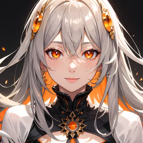 masterpiece, best quality, close-up, beautiful lighting, 1 girl, orange eyes, gray hair, detailed eyes, (glowing eyes), smile, looking at viewer, gray background, orange and gray color