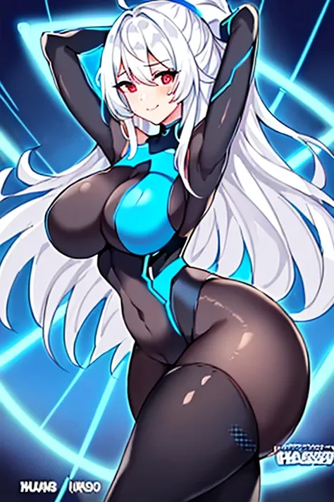 1girl, white hair, large breasts, breasts, thick thighs, wide hips, red eyes, bodysuit, black bodysuit, pantyhose, long hair, light smile, happy, science-fiction, tech, futuristic, black pantyhose, thighhighs, neon, machinery, hair ornament, ornament, neon...