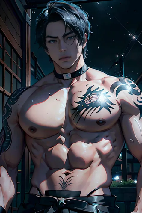 A handsome and strong Japanese yakuza man lies in a dark alley late at night, gaze at the camera，usar kimonos，Cabello rubio corto，Sostiene una katana en su mano derecha，His body is covered in traditional Japanese tattoos，There was dirt and some blood on th...