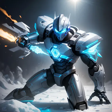 super high quality, robot warrior, ice sculpture, cool, iridescent, professional lighting