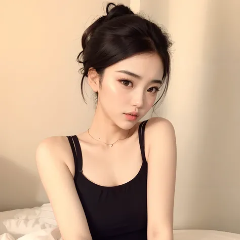 Arafed Asian woman in a black blouse sitting on a bed, Mulher sul-coreana bonita, linda mulher coreana jovem, gorgeous chinese model, mulher coreana jovem bonita, menina coreana, foto de menina magra, dilraba dilmurat, Beautiful Asian girl, Wenfei Ye, Mulh...