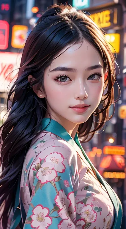 Beautiful face, beautiful body, big smile, light particles, Create digital artwork in the Pop Art style, Featuring a vibrant and confident young Asian girl，full length kimono dress flowery, Movie poster theme, Surrounded by vintage flower motifs, tentacles...