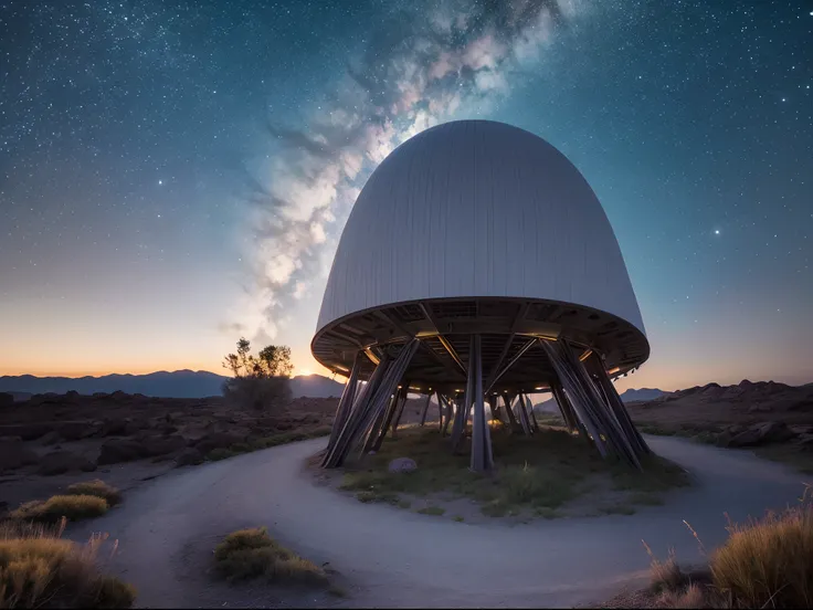 Generate a UHD image of an otherworldly, alien landscape at dusk. The sky should feature multiple moons and a dazzling array of stars, and the ground should be covered in vivid, exotic vegetation.