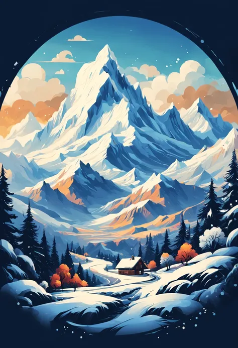 t-shirt design, painting of a snow mountain with big snowfall, a detailed painting by petros afshar, shutterstock contest winner...