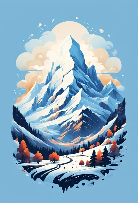 t-shirt design, painting of a snow mountain with big snowfall, a detailed painting by Petros Afshar, shutterstock contest winner, environmental art, detailed painting, outlined art, 2d game art, isolated background for logo