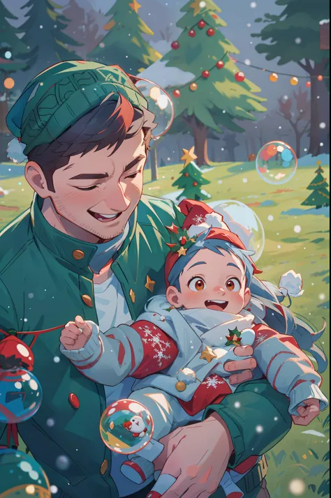 hd, (best details), (best quality), disney style, happy, masterpiece, best quality, high resolution, christmas, lights, snow, young people, (((red Christmas hat))) Christmas decoration,araffe man holding a baby in a park with bubbles,