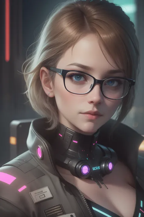 Fictional portrait of a sci-fi cyberpunk girl. Looking at the camera. Eyeglasses. High-tech futuristic woman from the future. The concept of virtual reality and cyberpunk. 3D realistic render.  16:9. 4k. dark backgroung, neon lights. --auto --s2