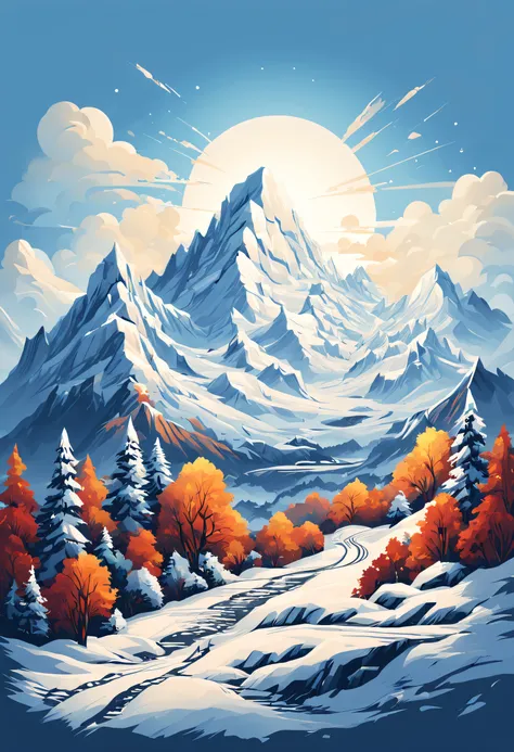 t-shirt design, painting of a snow mountain with big snowfall, a detailed painting by petros afshar, shutterstock contest winner...