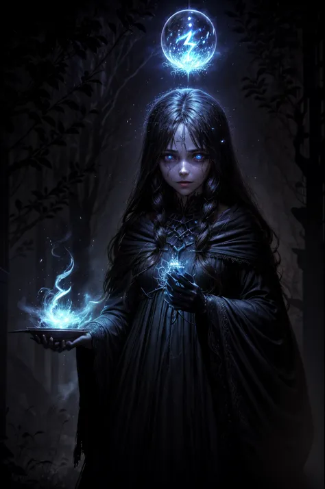 evil skelleton in a clearing in the middle of a cursed forest, magia negra, ancient spell book, swirling smoke, menacing smile, ...