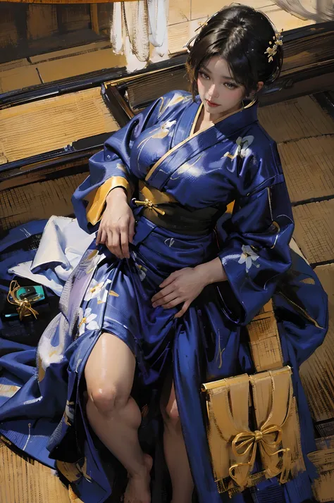 There is a woman squatting on the tatami,(((A MILF: 1.4))), (Beautiful curves:1.35),(((Dark skin))),bending poses,, ((The large )),((Lose weight completely )), (((Pinching the crotch while wearing a yukata))),((take off your bathrobe)),((pubes)), Sam rice ...