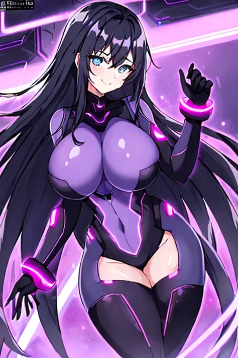 1girl, black hair, large breasts, breasts, thick thighs, wide hips, blue eyes, bodysuit, black bodysuit, long hair, light smile, happy, science-fiction, tech, futuristic, thighhighs, purple clothes, machinery, neon trim, anime style, 2d, anime screencap, p...