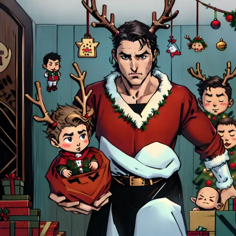 Patrick Bateman Christian bale from american psycho with Christmas reindeer antlers in his apartment anime chibi