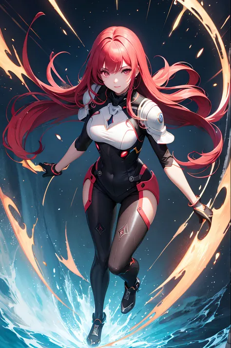 top-quality、Top image quality、​masterpiece、超A high resolution、Android Beautiful Girl、sixteen years old, red glowing cyber suit, Red energy source on the chest、Blue shiny hair、The long-haired,Red eyes、A slender、The face is depicted in detail、Eyes are drawn ...