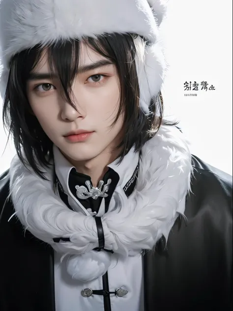 A man with realistic shoulder length black hair, the exact same hairstyle, a realistic white soft fur hat, a realistic Chinese handsome face, realistic cool expressions, adapt Exactly the same clothes, realistic light, realistic shadows, realistic backgrou...