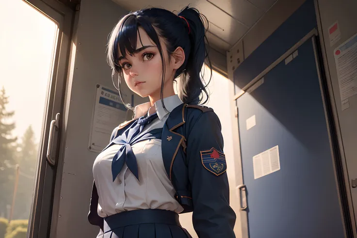 1girl in, Solo, Laura S. Alceid (long dark blue hair, Ponytail and side van, small tit), (Inspired by the trail of cold steel) ,(Accurate Hand Modeling,)early evening,In a school dress showing off her panties, Wearing the uniform of the cadet school, embar...