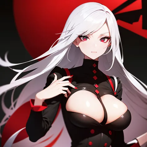 A very mature woman with white hair and black hair and black eyes with a X red over the iris , wearing a black and red outfit with a collar and a bow,goth against a dark and blurred background. Anime style