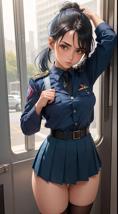 1girl in, Solo, Laura S. Alceid (long dark blue hair, Ponytail and side van, small tit), (Inspired by the trail of cold steel) ,(Accurate Hand Modeling,)（natta）,In a school dress showing off her panties, Wearing the uniform of the cadet school, embarrassed