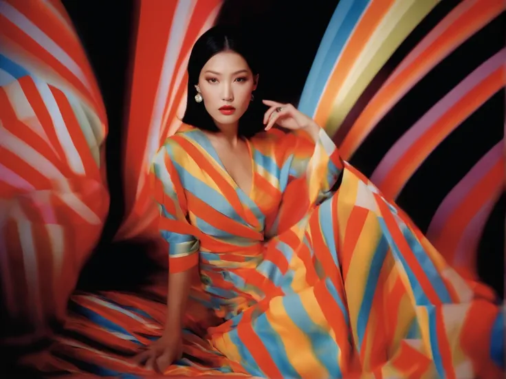 diana frost beauty, in the style of neon-lit pop art, stripes and shapes, Norinobu Shinoyama, play with light and shadow, Excessiveness, Surreal details, surrealist style image、asian human