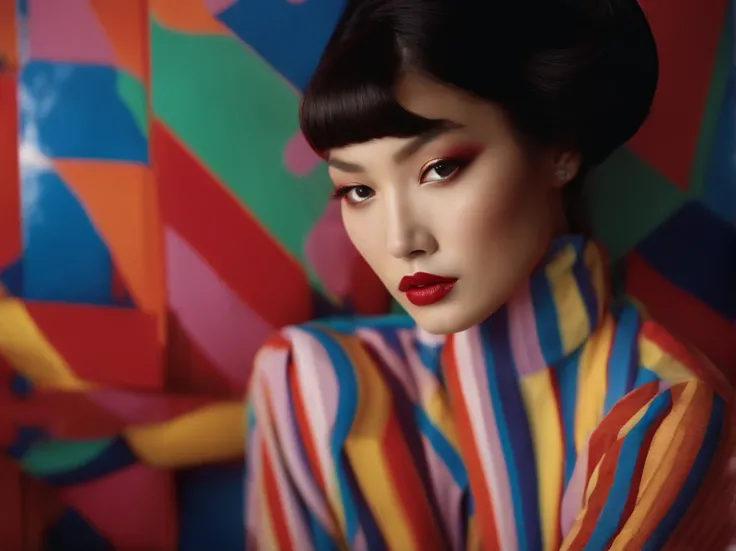 diana frost beauty, in the style of neon-lit pop art, stripes and shapes, Norinobu Shinoyama, play with light and shadow, Excessiveness, Surreal details, surrealist style image、asian human