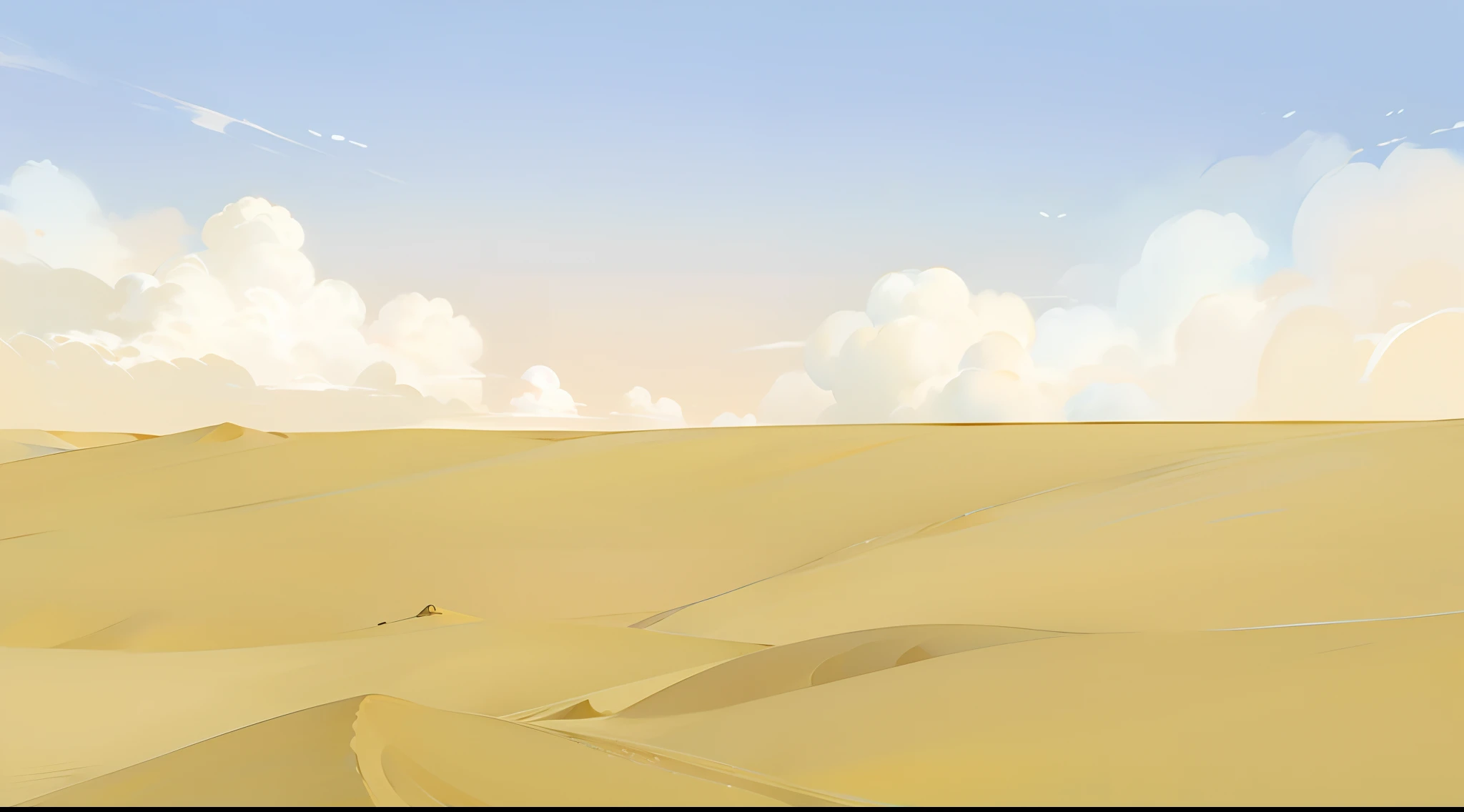 anime background, empty sand ground, blue sky with white clouds, desert landscape,