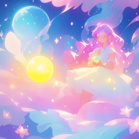 beautiful girl in sparkling white dress holding a magical sphere, ((sparkling puffy layered ballgown)), (magical, whimsical), (glowing magical orb), long flowing colorful hair, colorful fantasia background, watercolor illustration, disney art style, glowin...