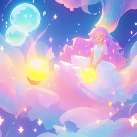 beautiful girl in sparkling white dress holding a magical sphere, ((sparkling puffy layered ballgown)), (magical, whimsical), (glowing magical orb), long flowing colorful hair, colorful fantasia background, watercolor illustration, disney art style, glowin...