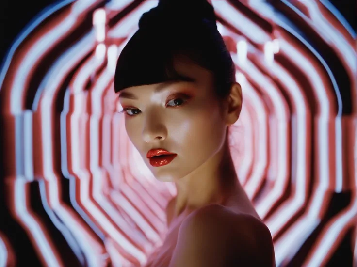 diana frost beauty, In an inorganic style illuminated by white neon lights, stripes and shapes, Norinobu Shinoyama, play with light and shadow, Excessiveness, Surreal details, surrealist style image、