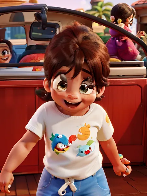 Baby girl, pele parda, cabelos caracolados, sorrindo, feliz, Disney cartoon, pixar