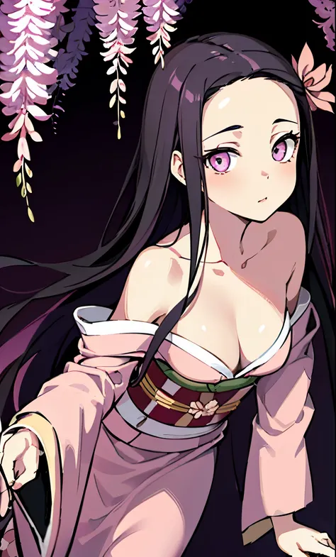 masterpiece, (pink kimono), seductive face, good lighting, décolleté, fine details, masterpiece, glowing eyes, 1girl, black hair, gag, bamboo, Nezuko Kamado, wisteria background, masterpiece, best quality, POV, whole body, wide hips,