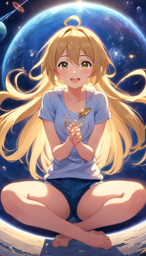 30 year-old light goddess of the heavens, long gold hair, hair accessories, happy_face, wide open mouth, sitting on the Earth in outer space, bracelets, necklaces, navy blue and gold gym shorts, heavenly t-shirt, light wand, sitting directly on top of plan...