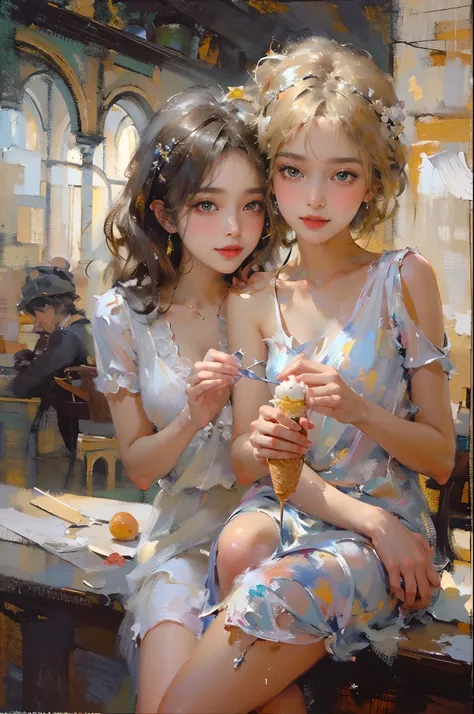 (2  girls),((Yuri))),((Eye contact))),(Look at each other),eating ice cream,out your tongue,sitted,(Best quality), ((tmasterpiece)), (A high resolution), pay,Perfect mature female figure, slim toned body,Original, mediuml breasts,High detail 8K wallpaper, ...