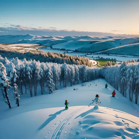 super high quality, The snowmen are marching, carrying snow, The green land is covered in snow only where the snowman passes, wind, (magnificent view:1.5), iridescent, professional lighting