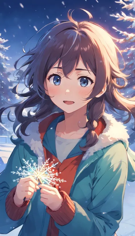 uneven messy hair 30 year-old wholesome winter goddess long hair, ice themed hair accessories, holding snowflake wand, snowstorm, happy_face, bringing blizzard, snowstorm, wide open mouth deceitful smirk, ,snowflake eyes,on peak of mountain