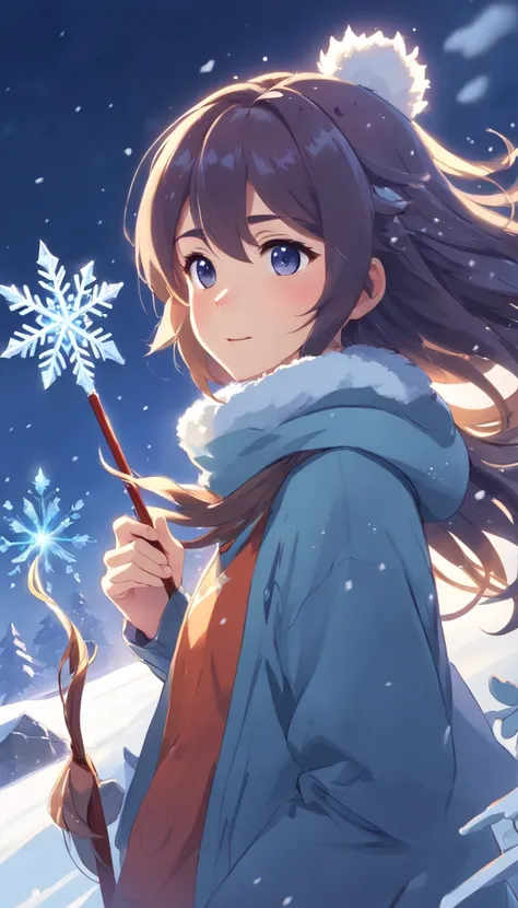 uneven messy hair 30 year-old wholesome winter goddess long hair, ice themed hair accessories, holding snowflake wand, snowstorm, happy_face, bringing blizzard, snowstorm, wide open mouth deceitful smirk, ,snowflake eyes,on peak of mountain