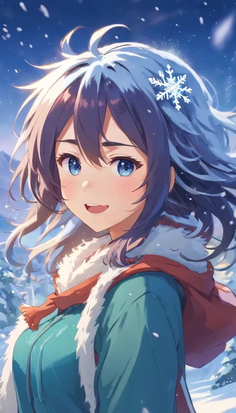 uneven messy hair 30 year-old wholesome winter goddess long hair, ice themed hair accessories, holding snowflake wand, snowstorm, happy_face, bringing blizzard, snowstorm, wide open mouth deceitful smirk, ,snowflake eyes,on peak of mountain