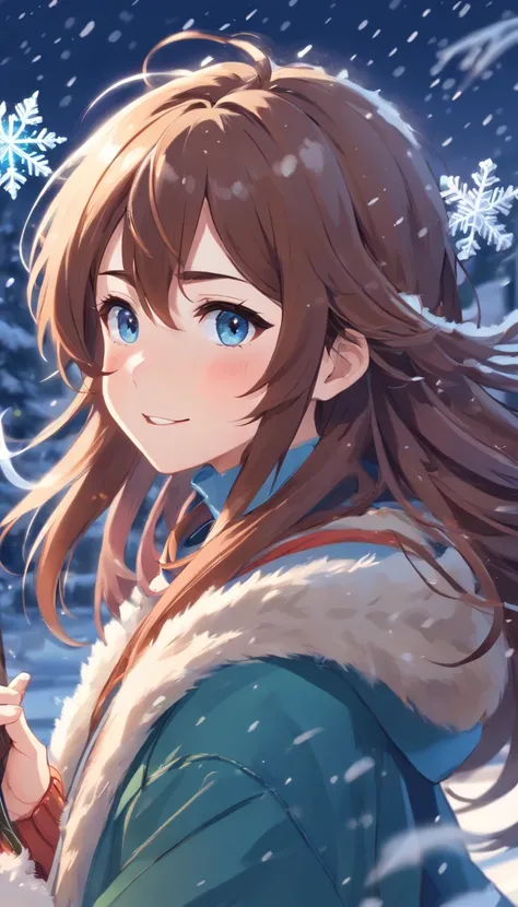 uneven messy hair 30 year-old wholesome winter goddess long hair, ice themed hair accessories, holding snowflake wand, snowstorm, happy_face, bringing blizzard, snowstorm, wide open mouth deceitful smirk, ,snowflake eyes,on peak of mountain