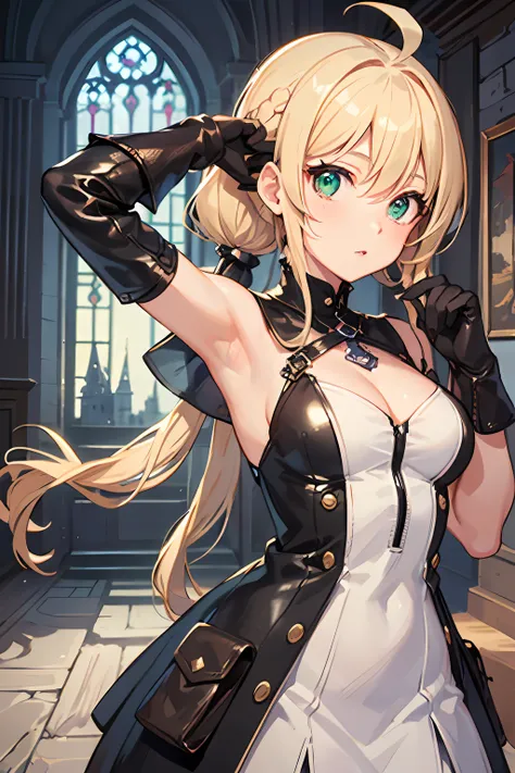 (NSFW:1.2)(best quality, masterpiece, highres,e:1.2)(kawaii)(Beautiful face)(Petite:1.4 ), ((Blonde hair:1.4),Wavy hair, Hair Between Eyes, (low twintails:1.4), Braids , side locks, Ahoge, flipped hair ),(Green eyes:1.2) ,Steampunk, (London street fashion:...