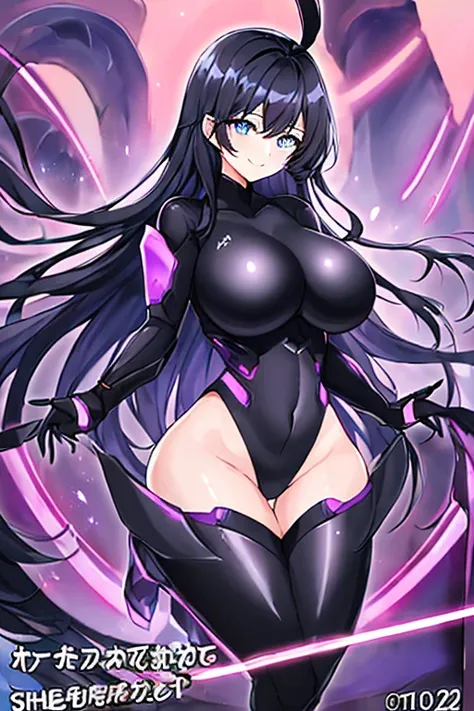 1girl, black hair, large breasts, breasts, thick thighs, wide hips, blue eyes, bodysuit, black bodysuit, long hair, light smile, happy, science-fiction, tech, futuristic, thighhighs, purple clothes, machinery, anime style, 2d, anime screencap, standing on ...