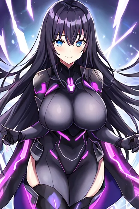 1girl, black hair, large breasts, breasts, thick thighs, wide hips, blue eyes, bodysuit, black bodysuit, long hair, light smile, happy, science-fiction, tech, futuristic, thighhighs, purple clothes, machinery, anime style, 2d, anime screencap, leotard