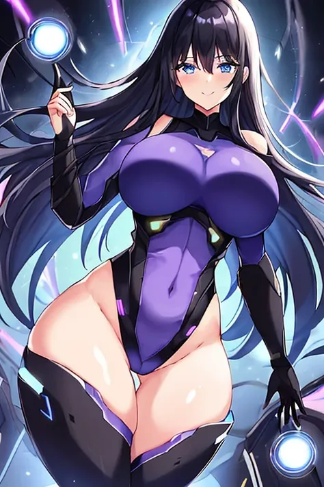 1girl, black hair, large breasts, breasts, thick thighs, wide hips, blue eyes, bodysuit, black bodysuit, long hair, light smile, happy, science-fiction, tech, futuristic, thighhighs, purple clothes, machinery, anime style, 2d, anime screencap, leotard