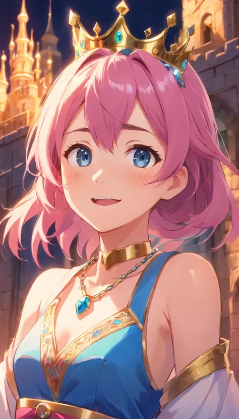 ((1girl, solo)),masterpiece, best quality, portrait, ultra-detail, illustration, close-up, gorgeous background, one beautiful, happy princess, pink hair, wearing decorative royal blue robes, pink pants, adorned with intricate patterns that hinted at her co...