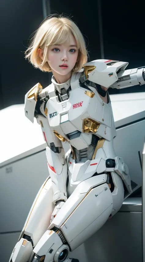 Beautiful young girl, short hair, bangs, blonde, beautiful eyes, beautiful face, raw photo, 8k, high detailed, (gundam), pale lips, white skin, textured skin, (beautiful cyborg woman), (pretty girl), mecha cyborg girl battle mode, girl with a mecha body, s...