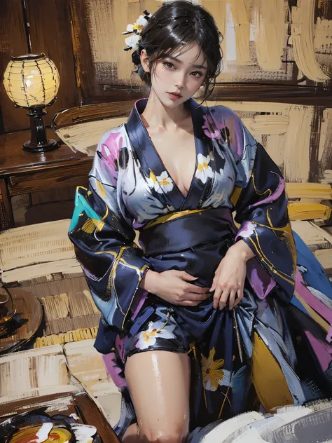 There is a woman squatting on the tatami,(((A MILF: 1.4))), (Beautiful curves:1.35),(((Dark skin))),bending poses,, ((The large )),((Lose weight completely )), (((Pinching the crotch while wearing a yukata))),((take off your bathrobe)),((pubes)), Sam rice ...