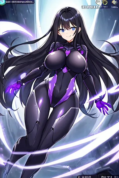 1girl, black hair, large breasts, breasts, thick thighs, wide hips, blue eyes, bodysuit, black bodysuit, long hair, light smile, happy, science-fiction, tech, futuristic, thighhighs, purple clothes, machinery, anime style, 2d, anime screencap, leotard