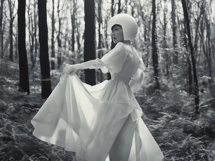 diana frost beauty, in woods,flash photo, Being chased, Norinobu Shinoyama, play with light and shadow, Excessiveness, Surreal details, surrealist style image、