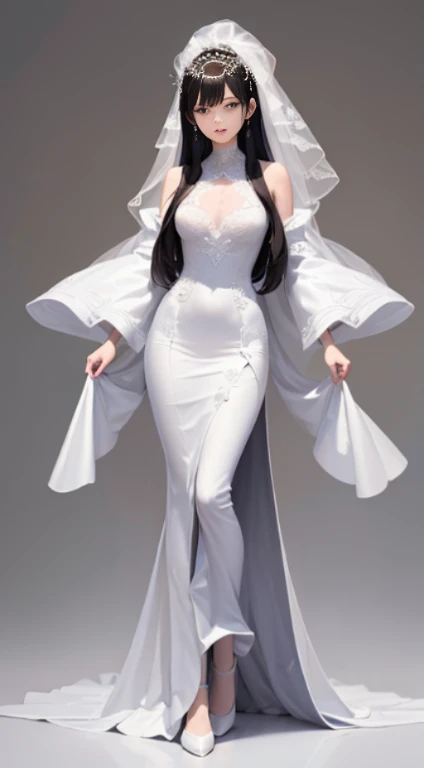 (top-quality, ​masterpiece, hight resolution), (Realisticity)、(softfocus)、beautfull Japanease woman、美丽的面容、 One girl，age19、 Beautiful black hair、 realistic skin textures，((White luxury wedding dresses))、(((Full body like)))、((Standing))、softlight、White back...