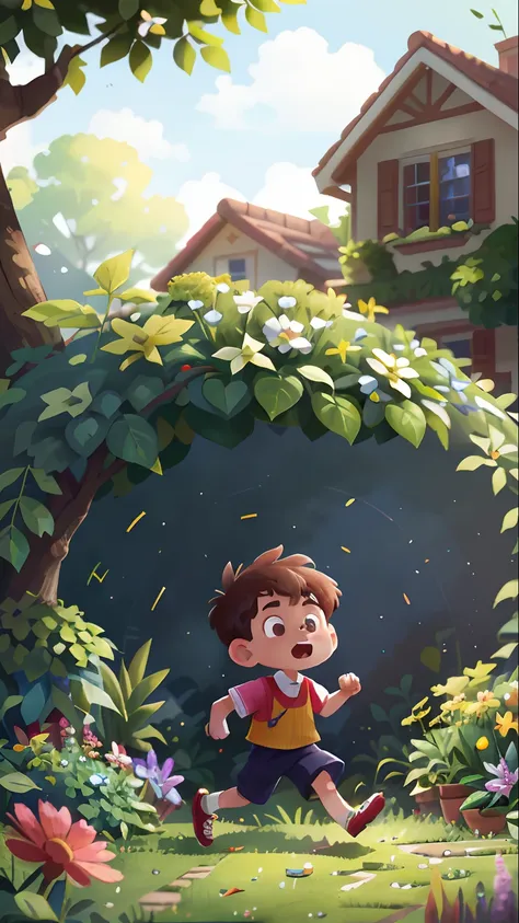 A 6-year-old boy is running in a garden, she is wearing gardeners clothes, is scared, scared, perfect quality, clear focus (mess - house: 0.8), (masterpiece: 1.2) (Realistic: 1.2) (Bokeh) (Best quality) (Detailed Skin: 1.3) (Intricate Details) (8K) (Eye De...