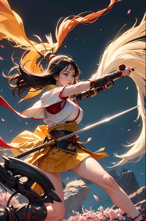 (best quality,4k,8k,highres,masterpiece:1.2),ultra-detailed,(realistic,photorealistic,photo-realistic:1.37),samurai,female,warrior,sword,armor,katana,determined expression,traditional clothing,dynamic pose,battlefield,falling cherry blossom petals,vivid co...